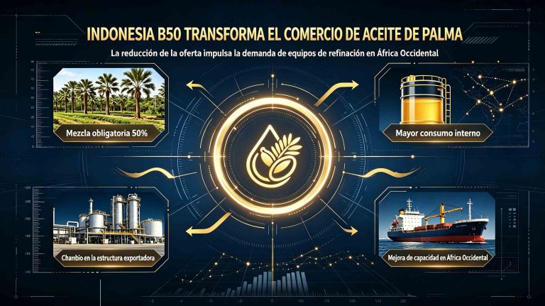 Indonesia implementa totalmente el mandato de biodiesel B50 desde el 1 de julio; se contrae la oferta mundial de aceite de palma y se disparan los pedidos de equipos de refinado para África Occidental